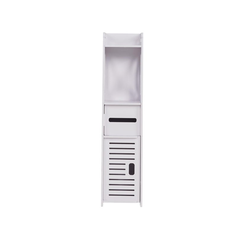 VECELO Bathroom Corner Shelf, Short Storage Cabinet with Toilet Paper Scroll Magnetic Door, Narrow Cabinet Hollow Design with Farmhouse Style Door for Bathroom,Pearl White