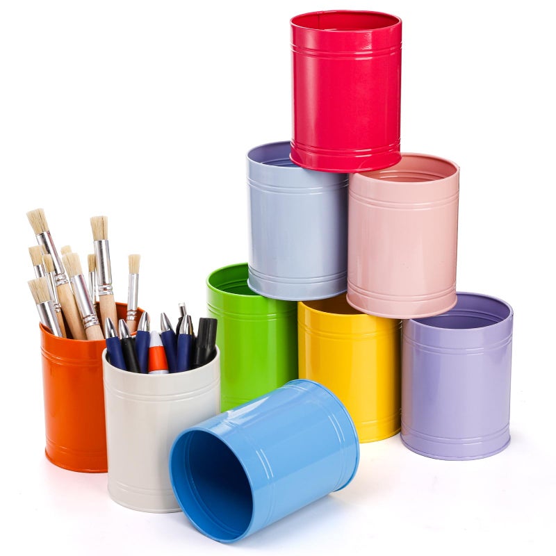 Tlence 9 Pack Metal Pen Holder, Colorful Desktop Pencil Cup, Mini Stationary Supplies Buckets, Round Makeup Brush Storage Organizers for Office Home School Classroom Accessory, 3.5 x 4.5 Inches - Image 1