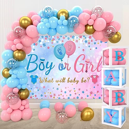 FRIGG Gender Reveal Baby Balloon Boxes Decorations, Pink Blue Balloon Arch Garland Kits With 4pcs Boxes, Gender Reveal Backdrop for Baby Shower,Boy or Girl gender Reveal Party Supplies(141pcs) - Image 1