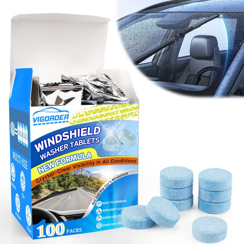 Vigorder 100 Pieces Windshield Washer Tablets1 Piece Makes 1 Gallon Windshield Washer Fluid Professional Car Window Cleaner Remove Glass Stains Winter Use With DeIcer or Methanol