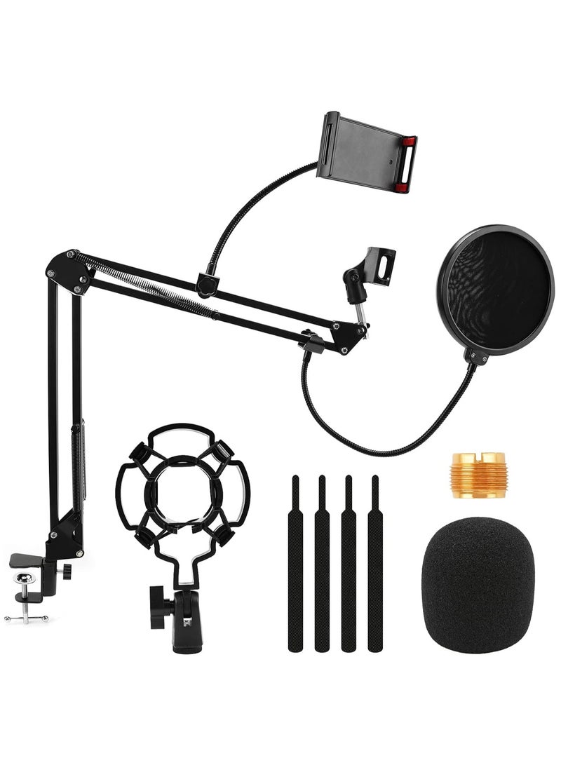 Arabest Microphone Stand, Adjustable Suspension Boom Scissor Mic Stand for Recording Equipment with Shock Mount, Mic Clip Holder, Pop Filter, 3/8'' to 5/8'' Adapter, Table Clamp, Mic Cap, Cable Ties  - Image 1
