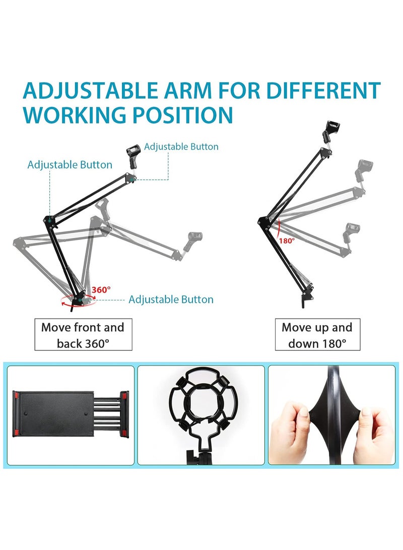 Arabest Microphone Stand, Adjustable Suspension Boom Scissor Mic Stand for Recording Equipment with Shock Mount, Mic Clip Holder, Pop Filter, 3/8'' to 5/8'' Adapter, Table Clamp, Mic Cap, Cable Ties  - Image 3