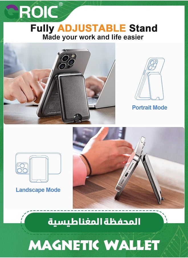 Black Magnetic Wallet, Compatible with MagSafe Wallet, iPhone Leather Wallet with Adjustable Stand, for iPhone 15/14/13/12 Series