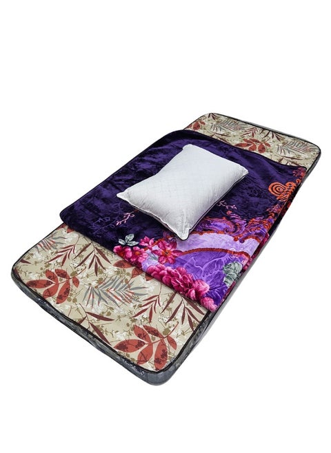 A complete sleeping set consisting of a stylishly designed single-size foam mattress, a luxurious 3kg double-size blanket, and a comfortable 1200g pillow – ideal for home, camping, and luxury sleeping.