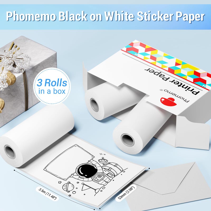 Phomemo White Self-Adhesive Thermal Paper, Glossy Printable Sticker Paper for Phomemo M02/M02 Pro/M02S/M03 Pocket Mobile Printer, Black on White, 50mm x 3.5m, Diameter 30mm, 3-Rolls - Image 3
