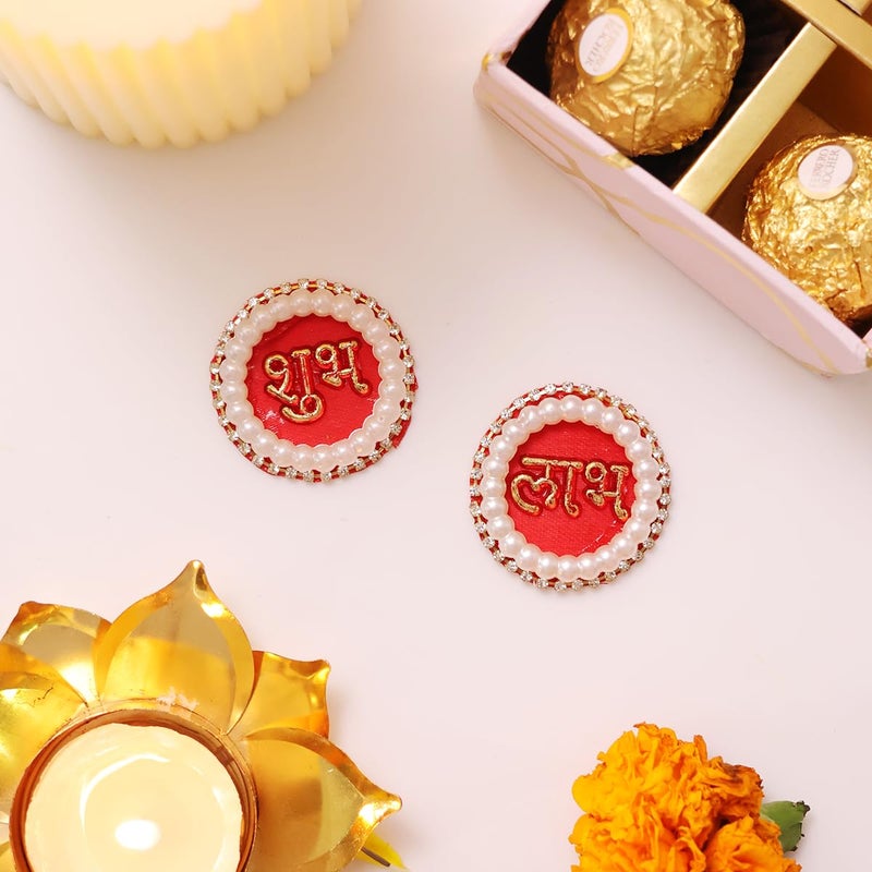 Shubhanjali Shubhanjali Fabric Pearl Shubh Labh Sticker for Door 1 Pair Round Flower Sticker for Main Door Entrance Diwali Wall Dcor Puja Room Festival Decoration  - Image 2