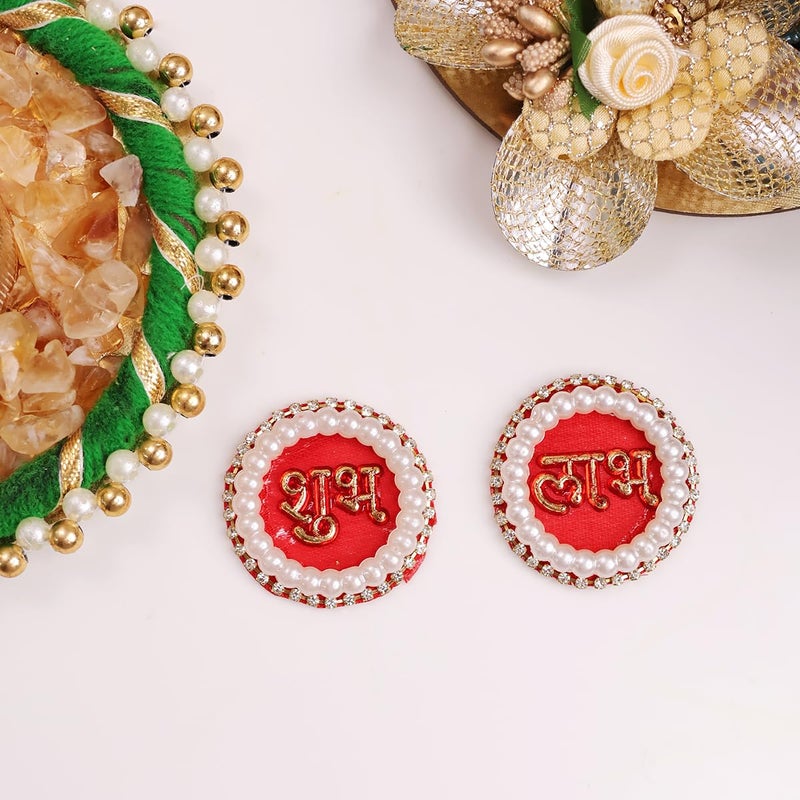 Shubhanjali Shubhanjali Fabric Pearl Shubh Labh Sticker for Door 1 Pair Round Flower Sticker for Main Door Entrance Diwali Wall Dcor Puja Room Festival Decoration  - Image 4