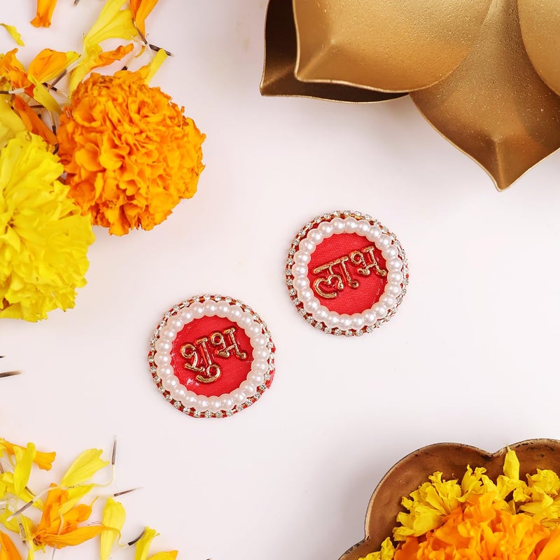 Shubhanjali Shubhanjali Fabric Pearl Shubh Labh Sticker for Door 1 Pair Round Flower Sticker for Main Door Entrance Diwali Wall Dcor Puja Room Festival Decoration  - Image 1