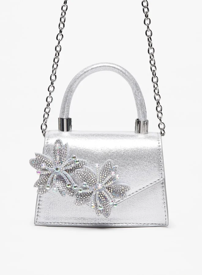 Celeste Girls Floral Embellished Satchel Bag with Grab Handle and Chain Strap