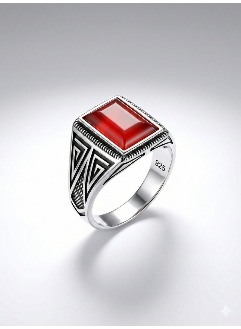 FINE SILVER 925 Sterling Silver Men's Vintage Signet Ring with Rectangular Red Stone and Geometric Sides - Image 1