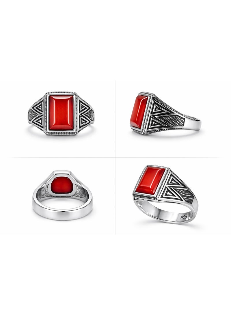 FINE SILVER 925 Sterling Silver Men's Vintage Signet Ring with Rectangular Red Stone and Geometric Sides - Image 2