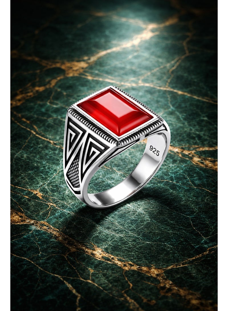 FINE SILVER 925 Sterling Silver Men's Vintage Signet Ring with Rectangular Red Stone and Geometric Sides - Image 3