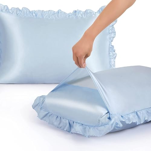 GO WELL Ruffle Satin Pillowcase for Hair and Skin, Standard Size Satin Pillow Covers Silky Pillow Cases Set of 2, Satin Ruffled Pillowcase with Envelope Closure, Anti Wrinkle Pillow Shams (Alice Blue) - Image 5