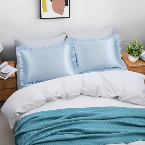 GO WELL Ruffle Satin Pillowcase for Hair and Skin, Standard Size Satin Pillow Covers Silky Pillow Cases Set of 2, Satin Ruffled Pillowcase with Envelope Closure, Anti Wrinkle Pillow Shams (Alice Blue) - Image 4