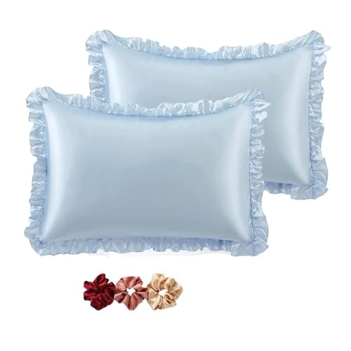 GO WELL Ruffle Satin Pillowcase for Hair and Skin, Standard Size Satin Pillow Covers Silky Pillow Cases Set of 2, Satin Ruffled Pillowcase with Envelope Closure, Anti Wrinkle Pillow Shams (Alice Blue) - Image 1