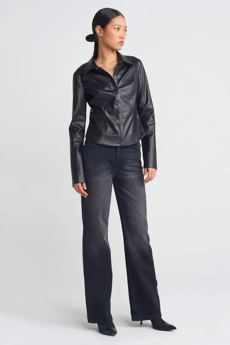 Dilvin Black DILVIN Slim Fit Faux Leather Shirt for Women | Best Price UAE