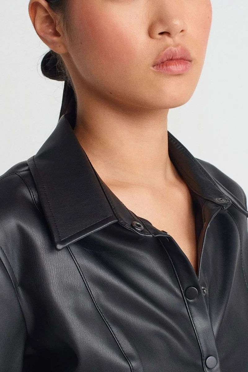 Dilvin Black DILVIN Slim Fit Faux Leather Shirt for Women | Best Price UAE