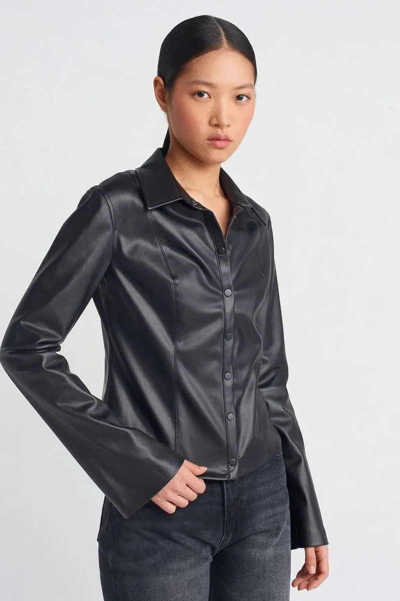 Dilvin DILVIN Slim Fit Faux Leather Shirt