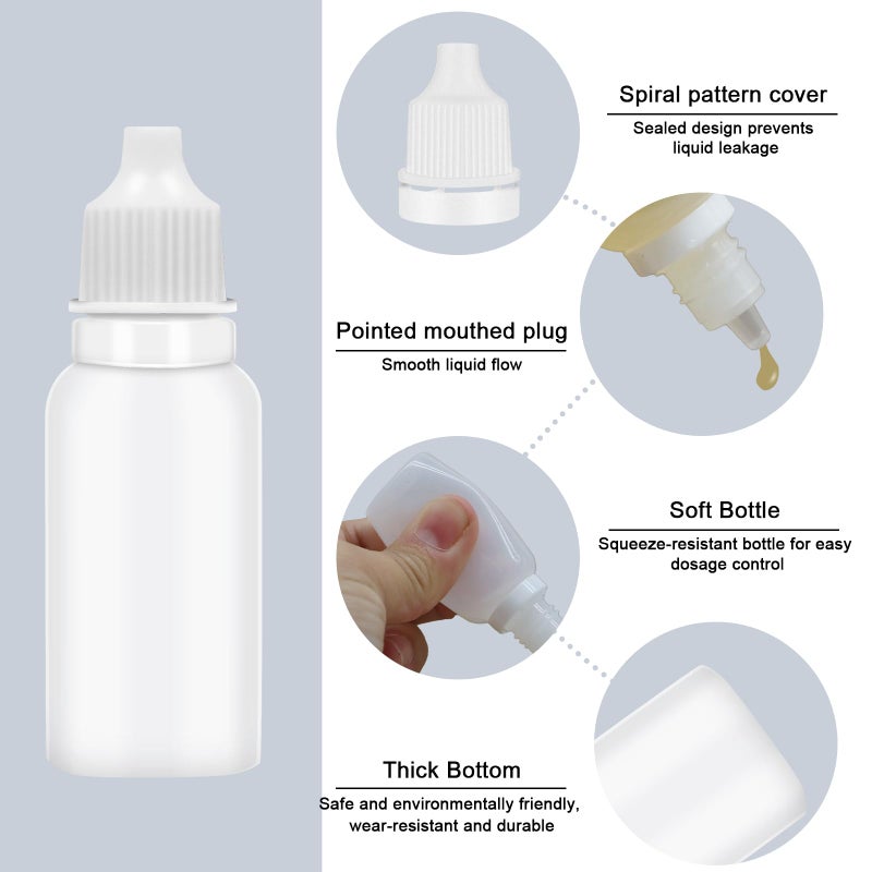 Bcautay 50Pcs Small Empty Squeeze Dropper Bottles Plastic Thin Tip Dropper Bottles 15ML Portable Squeezable Liquid Dropper with Cap and Plug for Oil Liquid Storage (White) - Image 3
