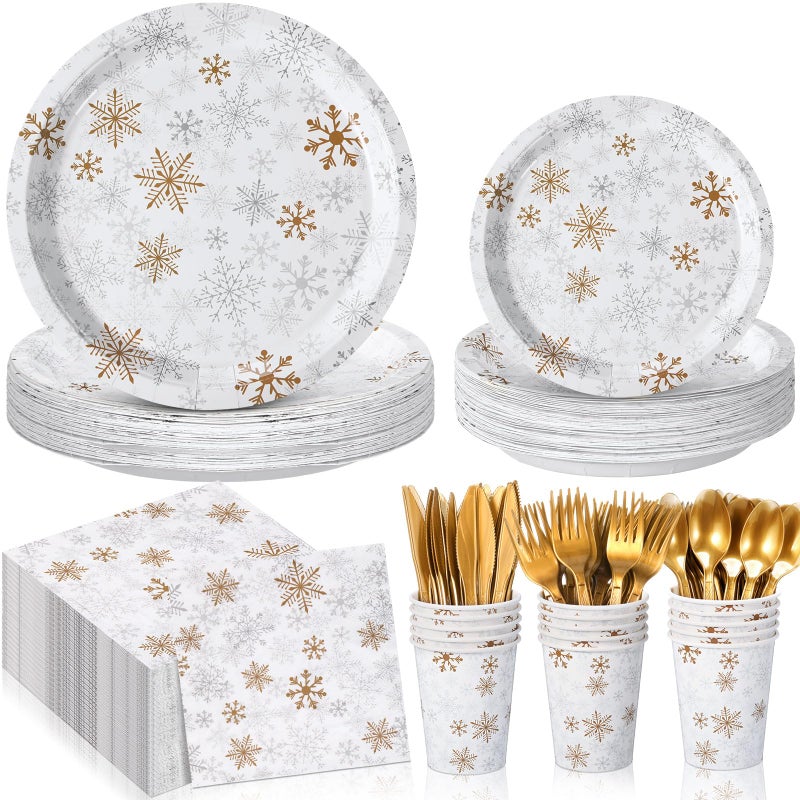 Potchen 420 Pcs Winter Snowflake Tableware Set Winter Wonderland Party Supplies Disposable Snowflake Paper Plates Napkin Cup Plastic Knife Fork Spoon Party Dinnerwares (Gold) - Image 1