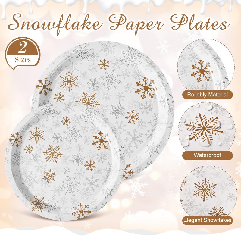 Potchen 420 Pcs Winter Snowflake Tableware Set Winter Wonderland Party Supplies Disposable Snowflake Paper Plates Napkin Cup Plastic Knife Fork Spoon Party Dinnerwares (Gold) - Image 4