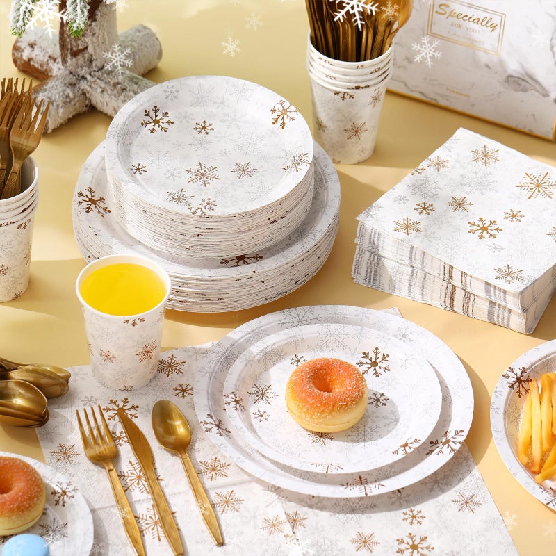 Potchen 420 Pcs Winter Snowflake Tableware Set Winter Wonderland Party Supplies Disposable Snowflake Paper Plates Napkin Cup Plastic Knife Fork Spoon Party Dinnerwares (Gold) - Image 2