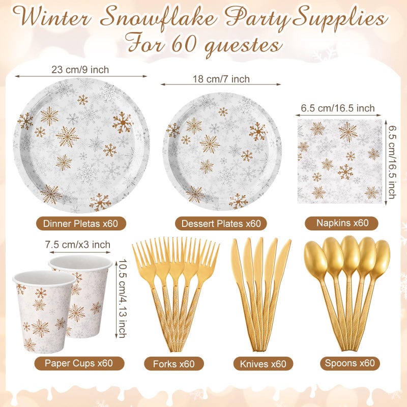 Potchen 420 Pcs Winter Snowflake Tableware Set Winter Wonderland Party Supplies Disposable Snowflake Paper Plates Napkin Cup Plastic Knife Fork Spoon Party Dinnerwares (Gold) - Image 3
