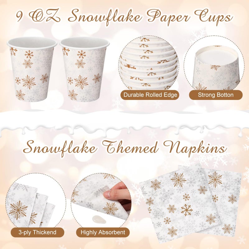 Potchen 420 Pcs Winter Snowflake Tableware Set Winter Wonderland Party Supplies Disposable Snowflake Paper Plates Napkin Cup Plastic Knife Fork Spoon Party Dinnerwares (Gold) - Image 5