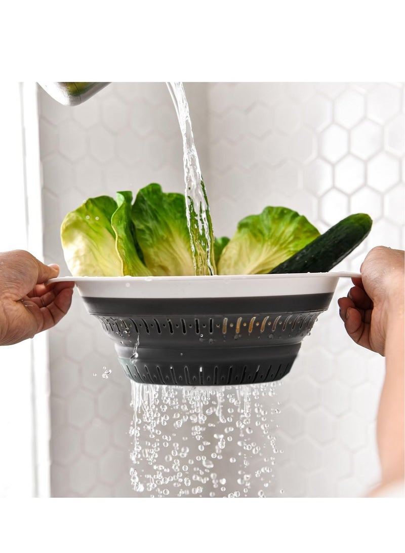 2 Pcs Collapsible Silicone Drainer Basket, Silicone Kitchen Strainer Skimmer with Plastic Handles, Collapsible Colander and Strainer, Perfect for Draining Pasta Vegetable Fruit (Gray) - Image 3