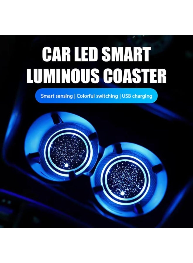 Light up Car Coasters for Cup Holders, LED Car Coasters with 7 Colors Changing, Rechargeable Smart Luminous Cup Holder Lights, USB Charging LED Drink Coasters, Interior Decoration, 2pcs - Image 2