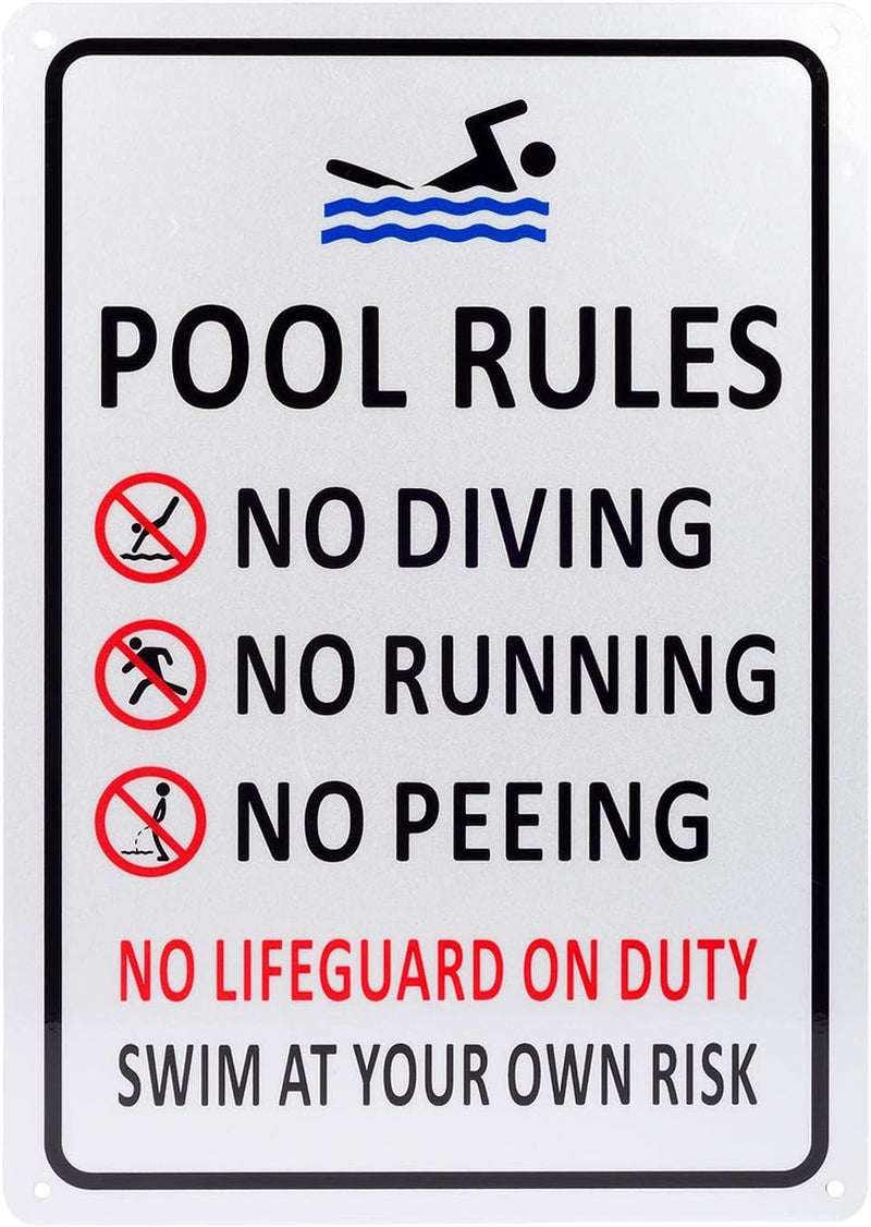 Kichwit Pool Rules Sign, Swim At Your Own Risk, No Diving, No Running, No Peeing, No Lifeguard on Duty, Aluminum Swimming Pool Safety Sign, Weather Resistant, 9.4 x 13.4 Inches, Silver - Image 1