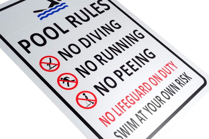 Kichwit Pool Rules Sign, Swim At Your Own Risk, No Diving, No Running, No Peeing, No Lifeguard on Duty, Aluminum Swimming Pool Safety Sign, Weather Resistant, 9.4 x 13.4 Inches, Silver - Image 2