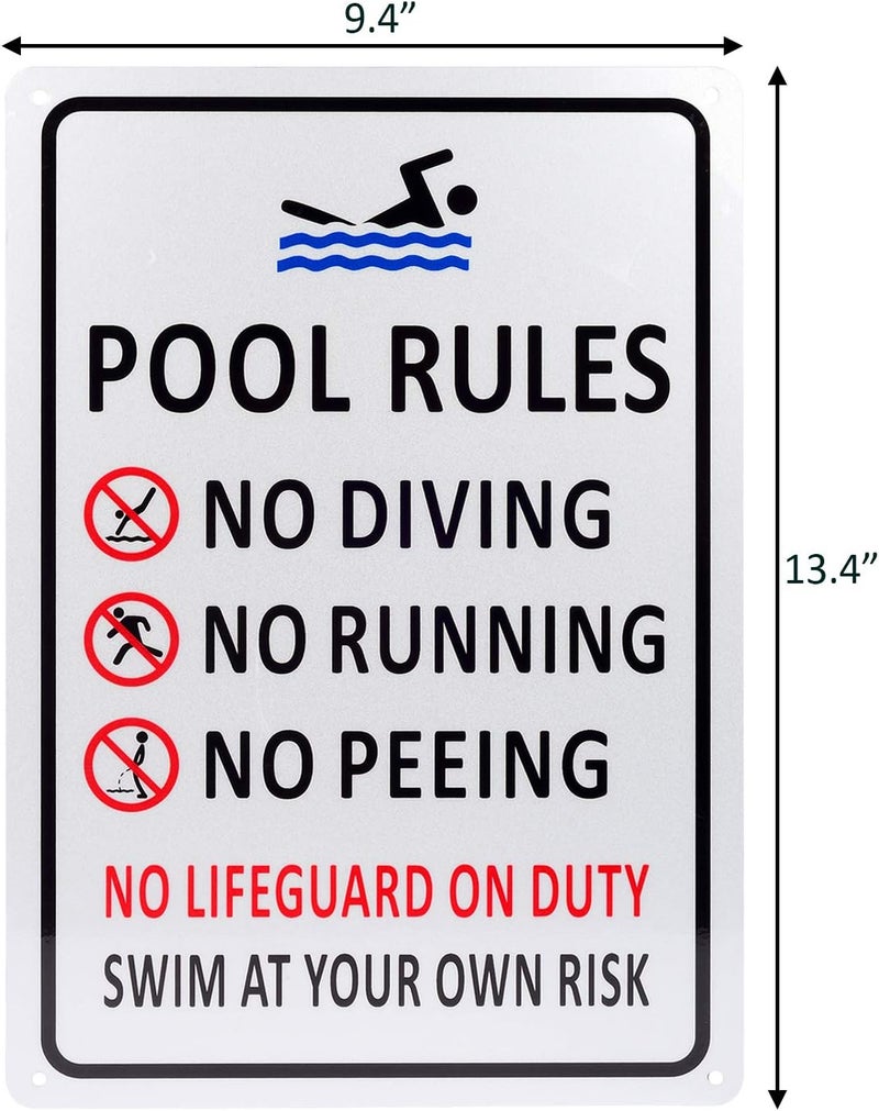Kichwit Pool Rules Sign, Swim At Your Own Risk, No Diving, No Running, No Peeing, No Lifeguard on Duty, Aluminum Swimming Pool Safety Sign, Weather Resistant, 9.4 x 13.4 Inches, Silver - Image 5