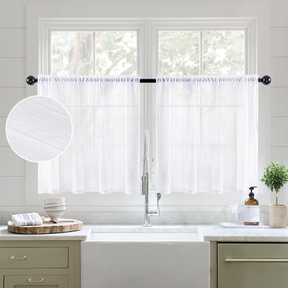 MIULEE White Sheer Curtains 24 inch Length Linen Textured Kitchen Window Curtains Over Sink Rod Pocket Short Small Curtains for Bathroom Cafe Light Filtering Half Window Curtain Tiers 2 Panels