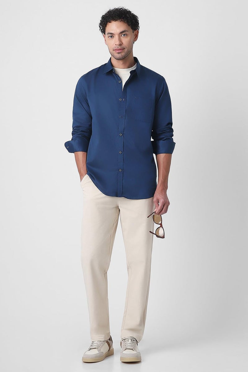 Peter England Men Cotton Solid Slim Fit Full Sleeve Casual Shirt | Navy, 42 - Image 4