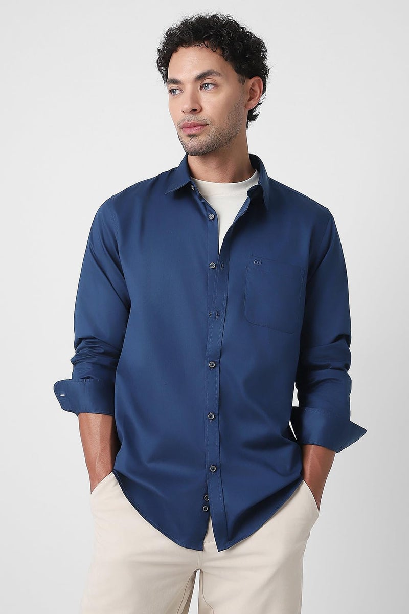 Peter England Men Cotton Solid Slim Fit Full Sleeve Casual Shirt | Navy, 42 - Image 2
