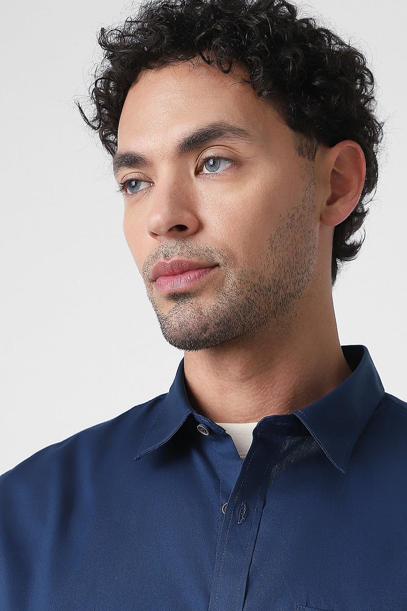 Peter England Men Cotton Solid Slim Fit Full Sleeve Casual Shirt | Navy, 42 - Image 3