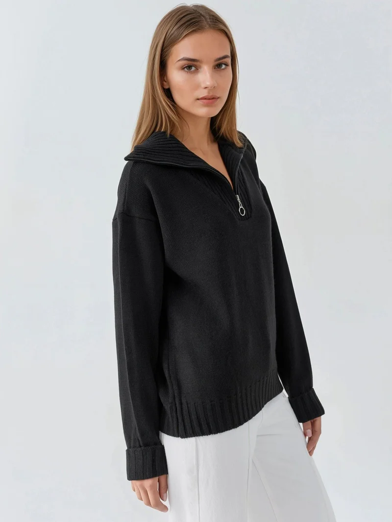 My Fashion Black MY FASHION Oversized Ribbed Knit Sweater with Zipper Collar for Women | Best Price UAE