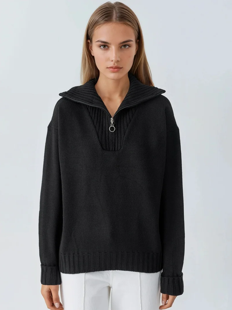 My Fashion Black MY FASHION Oversized Ribbed Knit Sweater with Zipper Collar for Women | Best Price UAE
