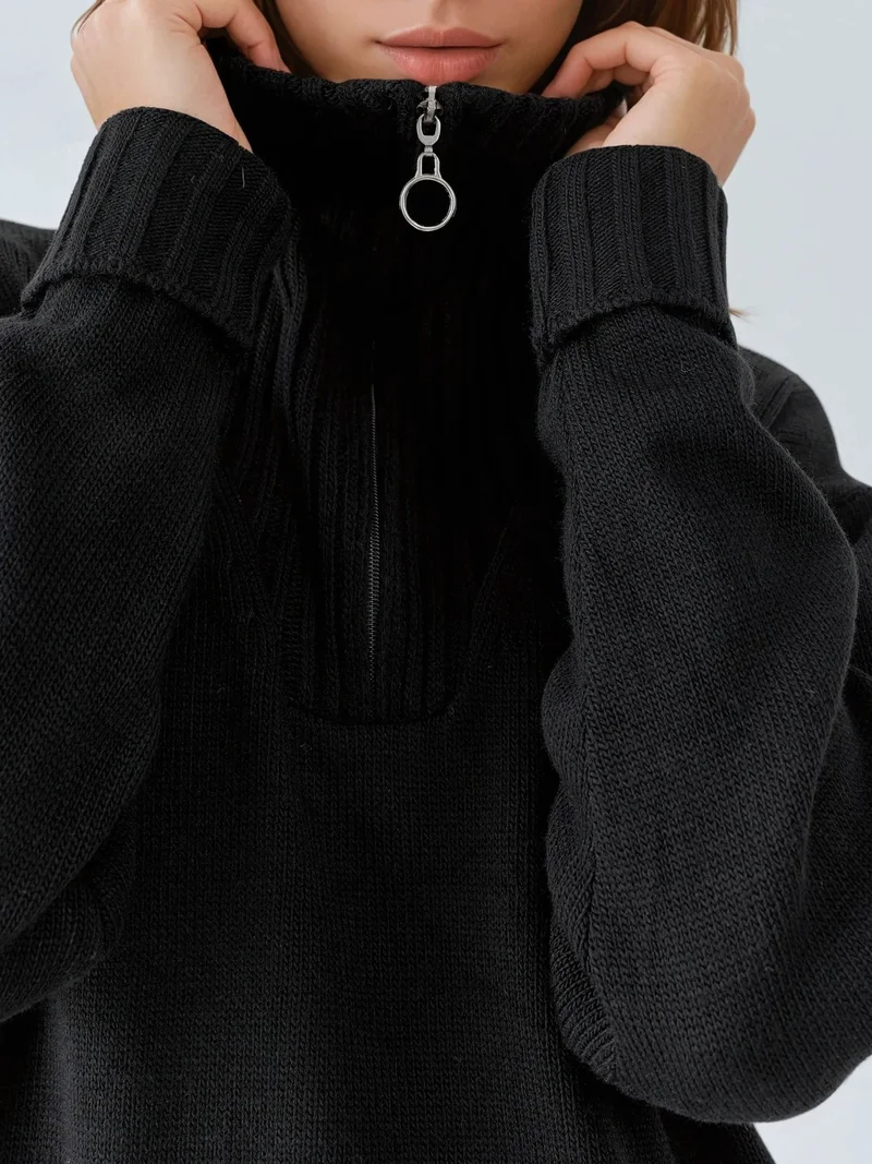 My Fashion Black MY FASHION Oversized Ribbed Knit Sweater with Zipper Collar for Women | Best Price UAE