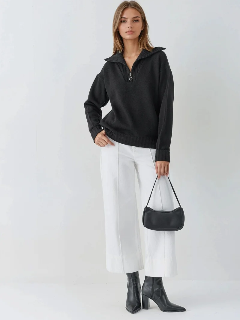 My Fashion Black MY FASHION Oversized Ribbed Knit Sweater with Zipper Collar for Women | Best Price UAE