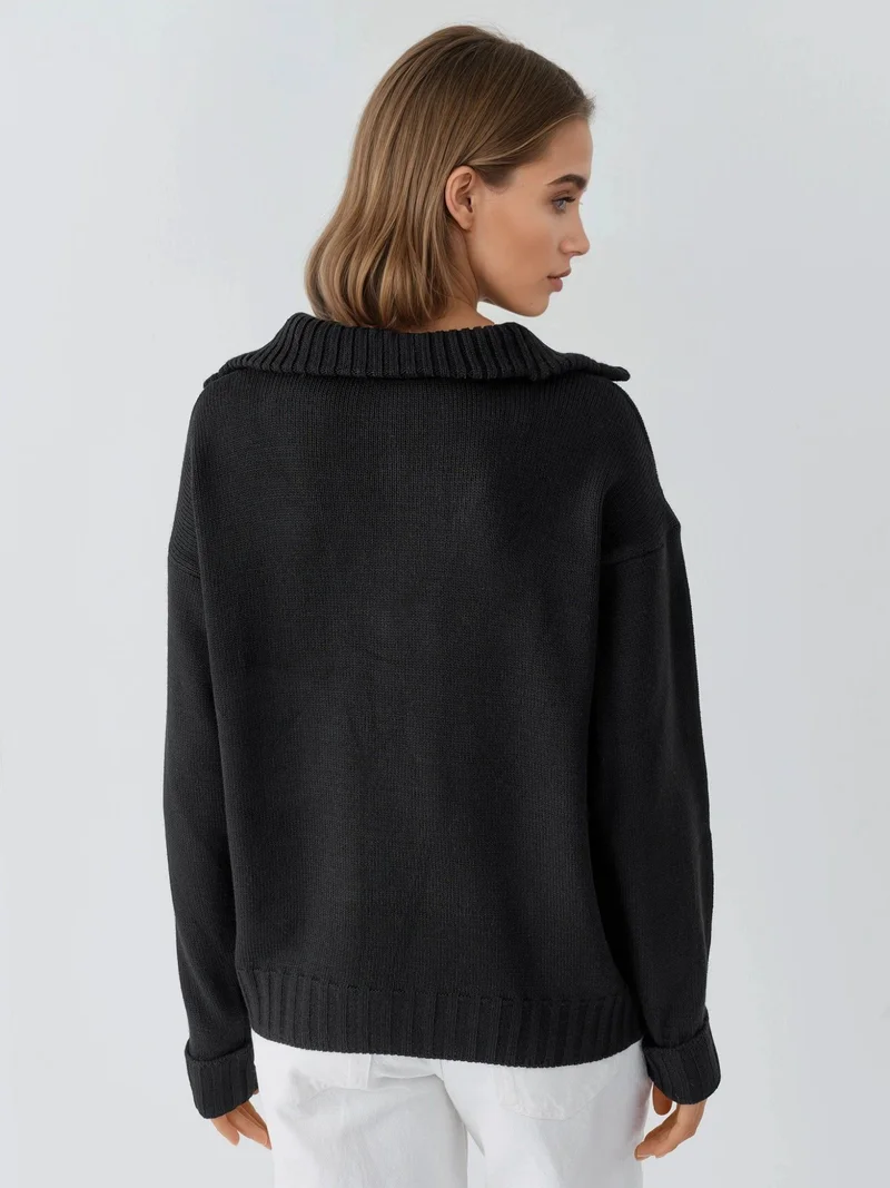 My Fashion Black MY FASHION Oversized Ribbed Knit Sweater with Zipper Collar for Women | Best Price UAE