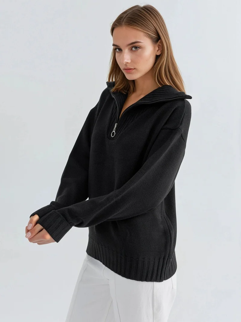 MY FASHION Oversized Ribbed Knit Sweater with Zipper Collar