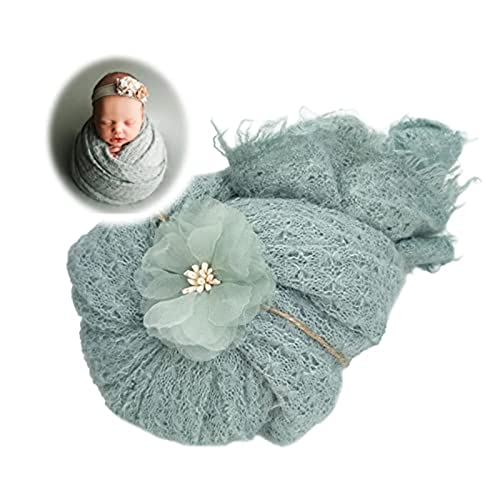 Honra Orraphtstu 2Pcs Props for Newborn Photoshoot Mohair Wrap Headband Baby Photo Posing Photography Knit Textured Stretchy (Wrap only, Green) - Image 1