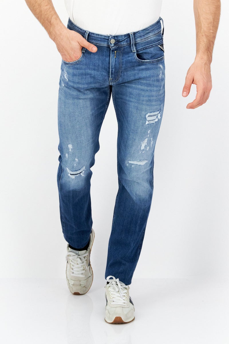 Replay Men Regular Fit Rip Stretchable Jeans, Mid Wash Blue  - Image 1