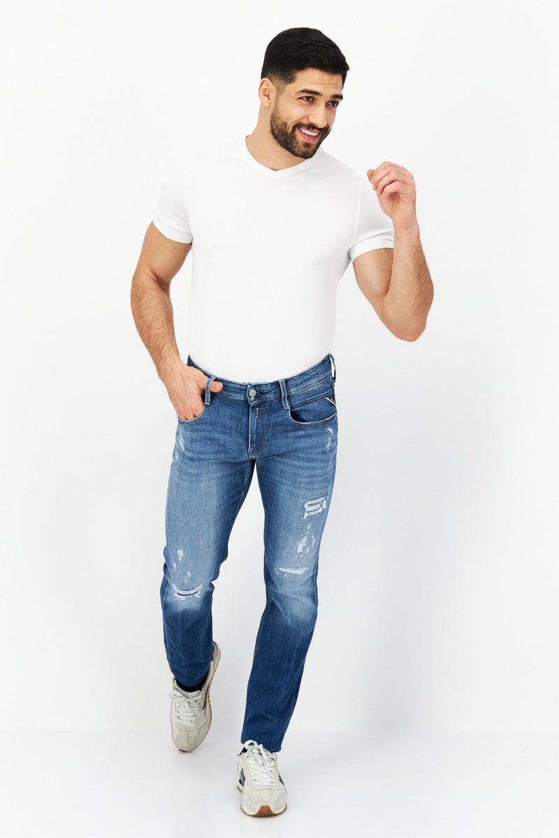 Replay Men Regular Fit Rip Stretchable Jeans, Mid Wash Blue  - Image 3