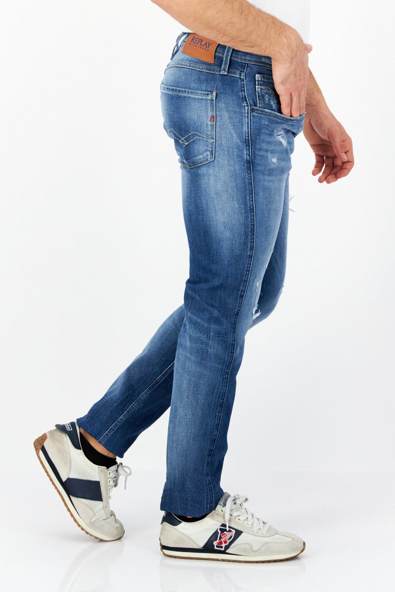 Replay Men Regular Fit Rip Stretchable Jeans, Mid Wash Blue  - Image 4