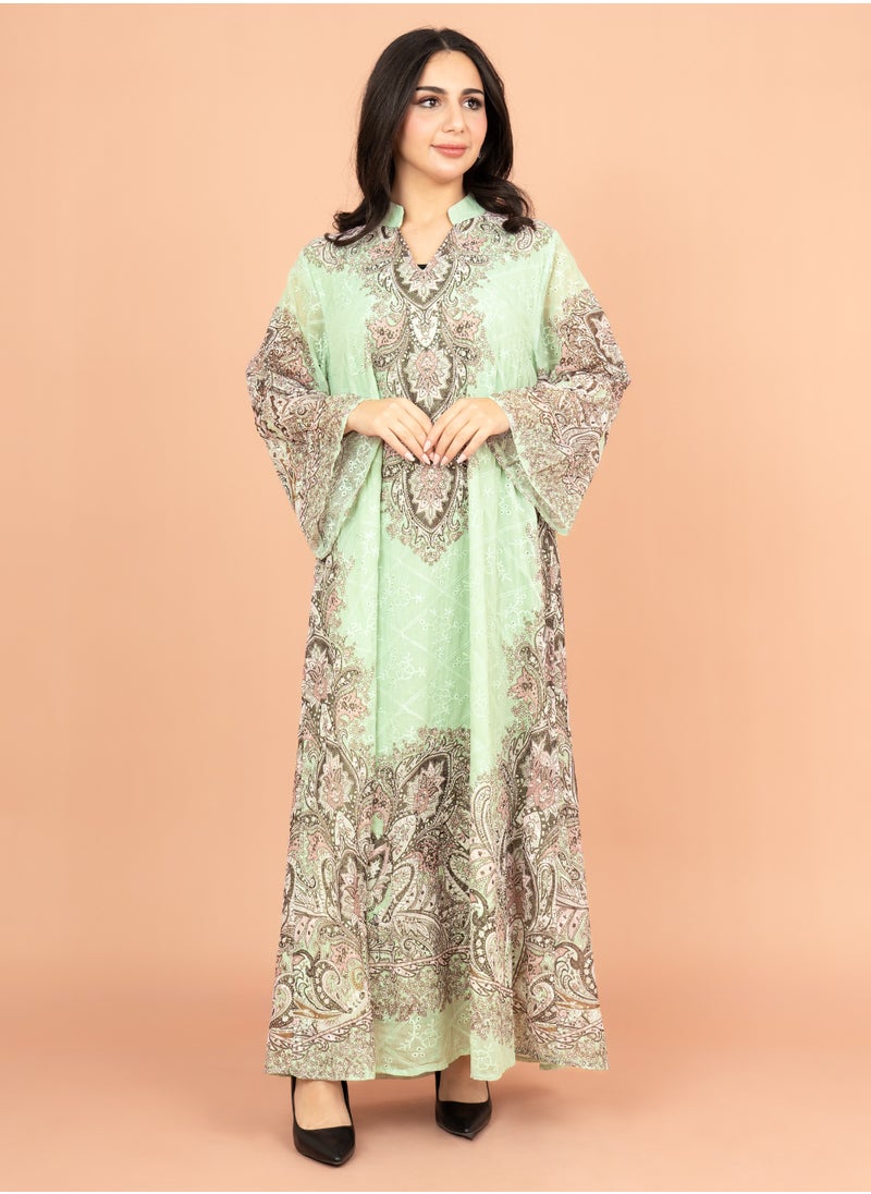 اكسا جلابية مطرزة زهور منقوشة IK4011 اخضر  - Image 1
