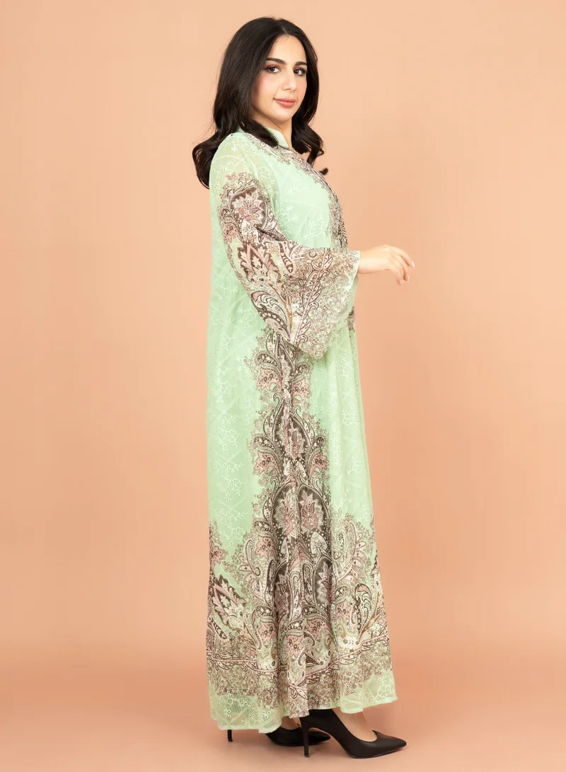 IKKXA Floral Pattern Printed Embroidered Jalabiya IK4011 Green
