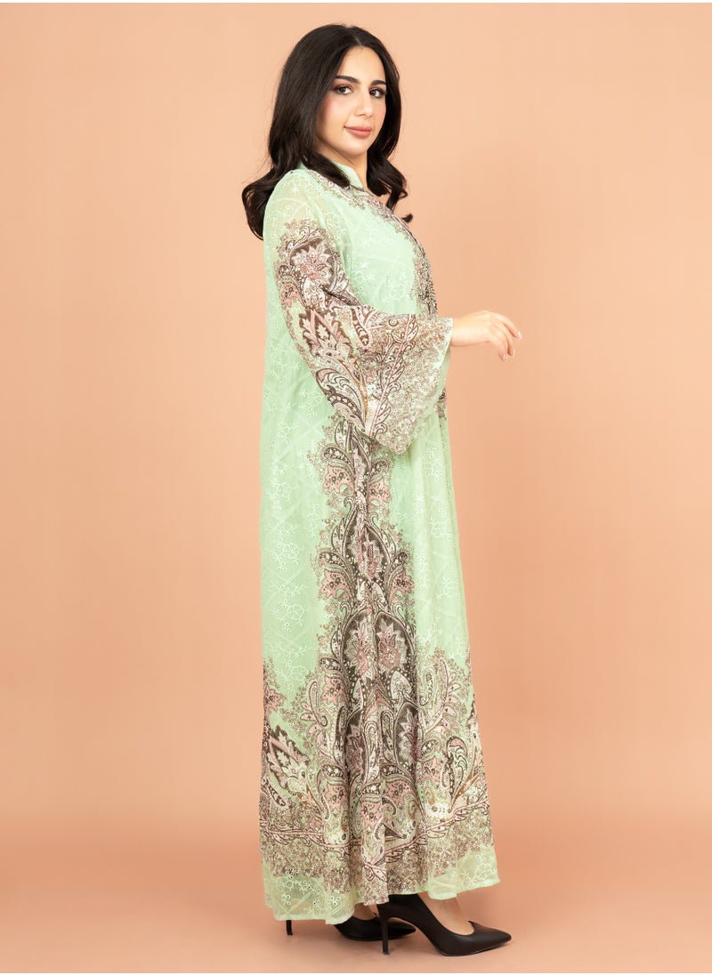 اكسا جلابية مطرزة زهور منقوشة IK4011 اخضر  - Image 3